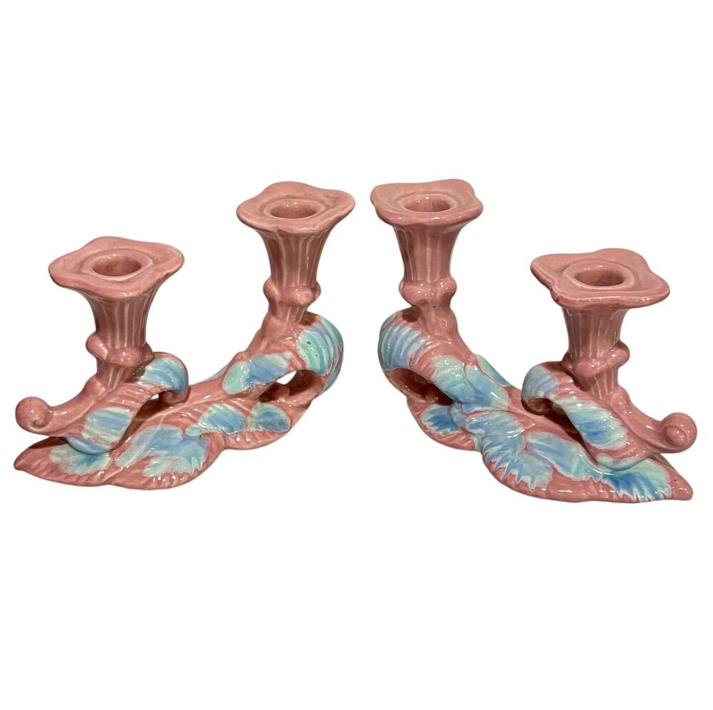 Vintage Mid Century Royal Haeger pottery candle holders Mauve Blue Agate PAIR